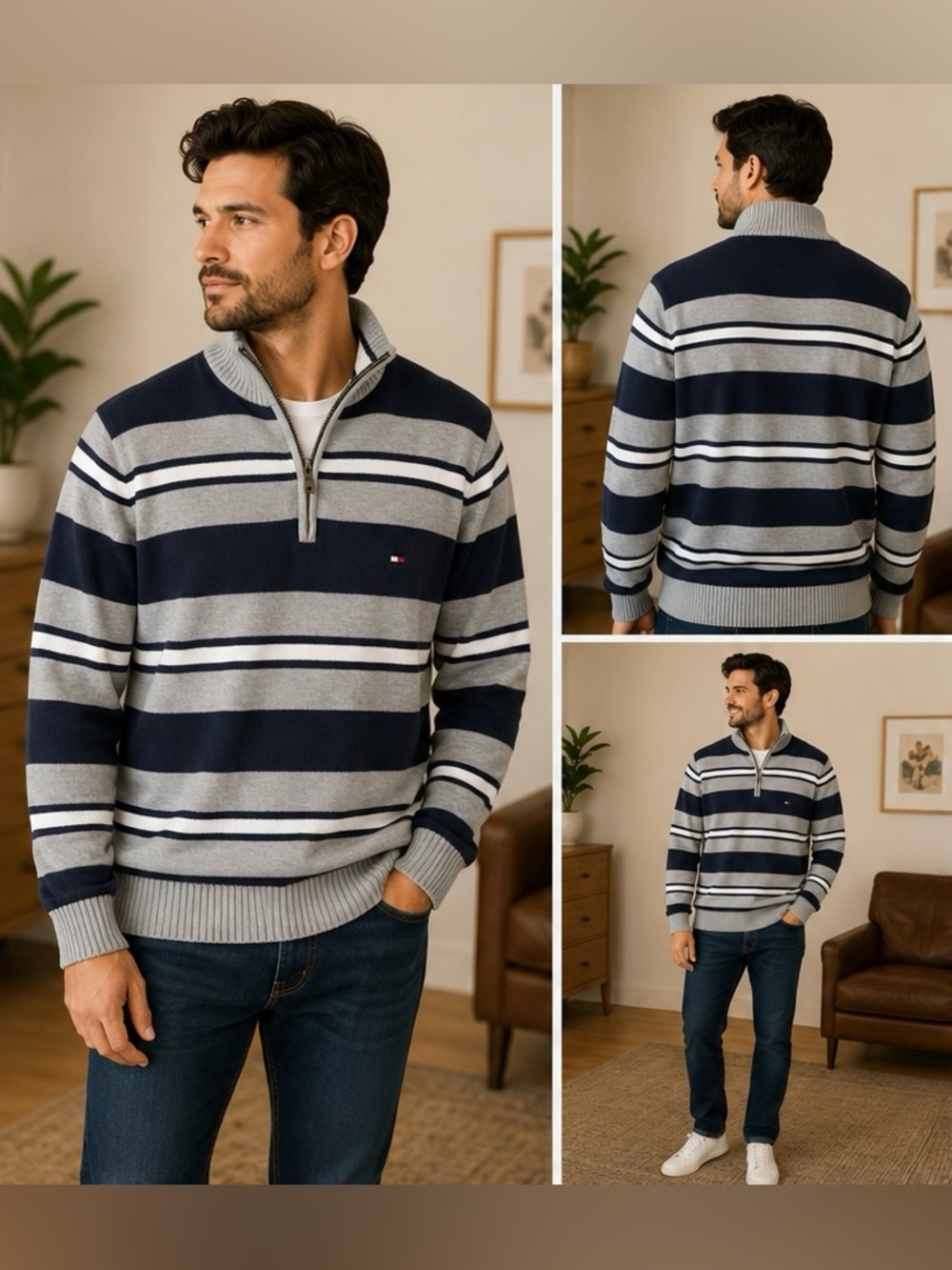 Tommy Hilfiger Men's Large Quarter Zip Striped Knit Sweater